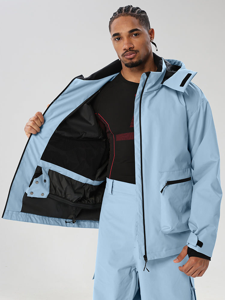 Light Blue men's relaxed fit full-zip ski jacket - open jacket showing snap snow skirt