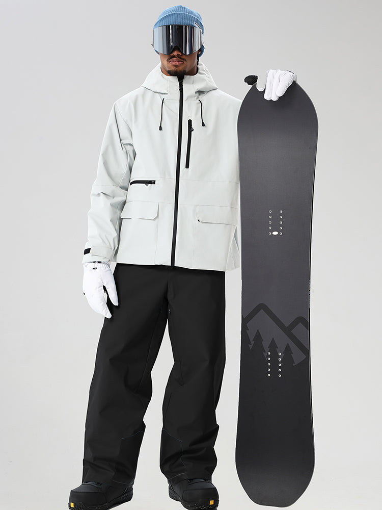 White men's full-zip ski jacket and black pants set - front outfit with snowboard