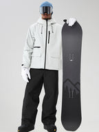 White men's full-zip ski jacket and black pants set - front outfit with snowboard