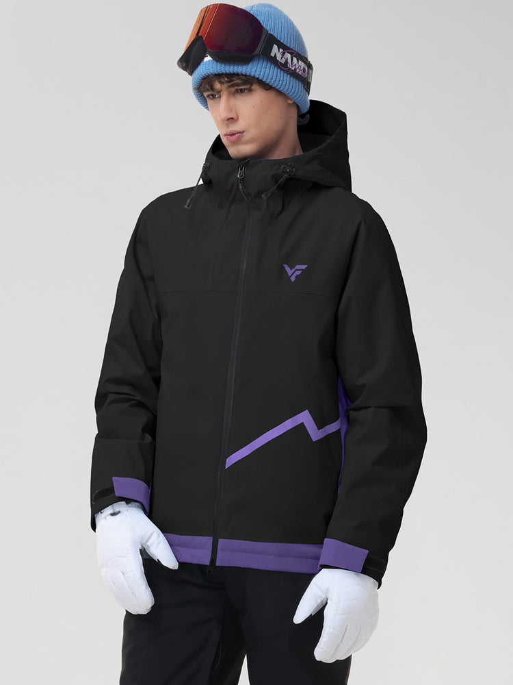 Men's black ski jacket and snow pants set with white gloves, front view