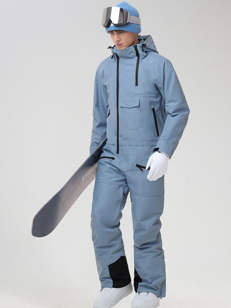 Men's Insulated One-Piece Ski Suit in Light Blue - Three-Quarter View Showing the Chest Pockets