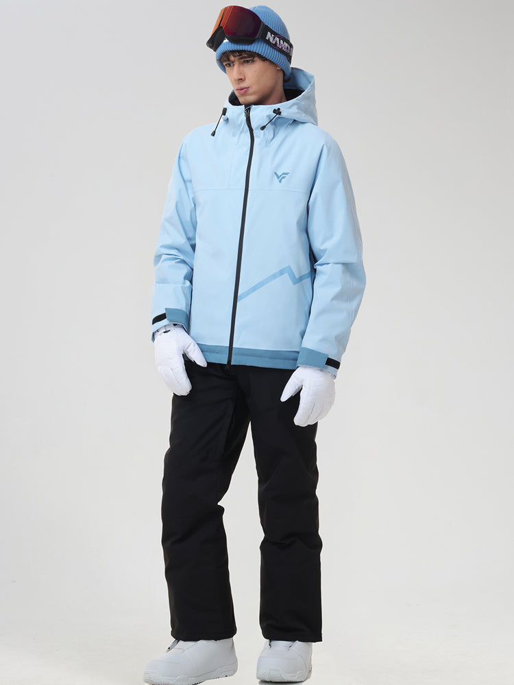 Men's sky blue ski jacket and snow pants set, front view