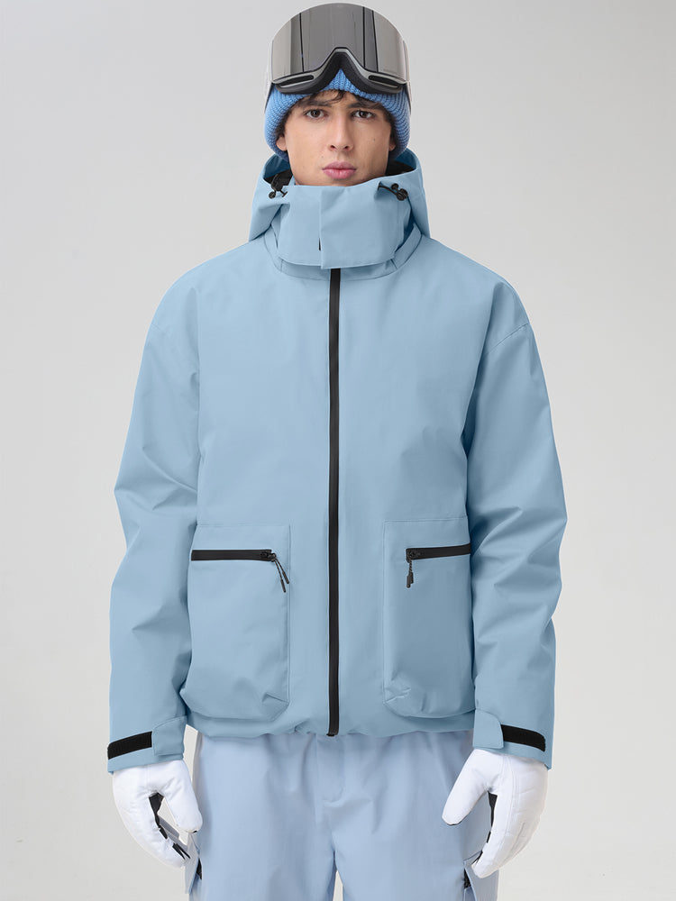 Men's Light Blue Hooded Cargo Pocket Snowboard Jacket - Straight Front View