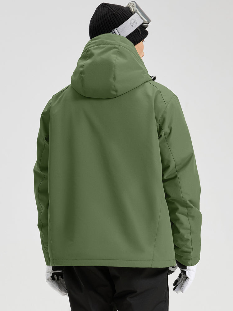YEEFINE men's Army Green hooded ski jacket, close rear view