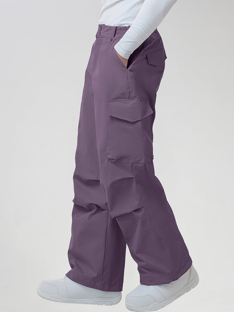 Men's Baggy Cargo Pocket Ski Pants in Purple - Side View Showing the Cargo Pocket
