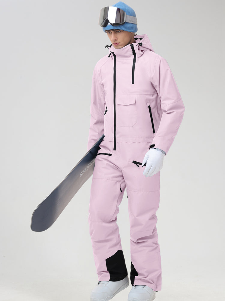 Men's Insulated One-Piece Ski Suit in Pink - Three-Quarter View Showing the Zip Chest Pocket