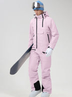 Men's Insulated One-Piece Ski Suit in Pink - Three-Quarter View Showing the Zip Chest Pocket
