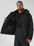 Black men's relaxed fit full-zip ski jacket - open jacket showing snap snow skirt