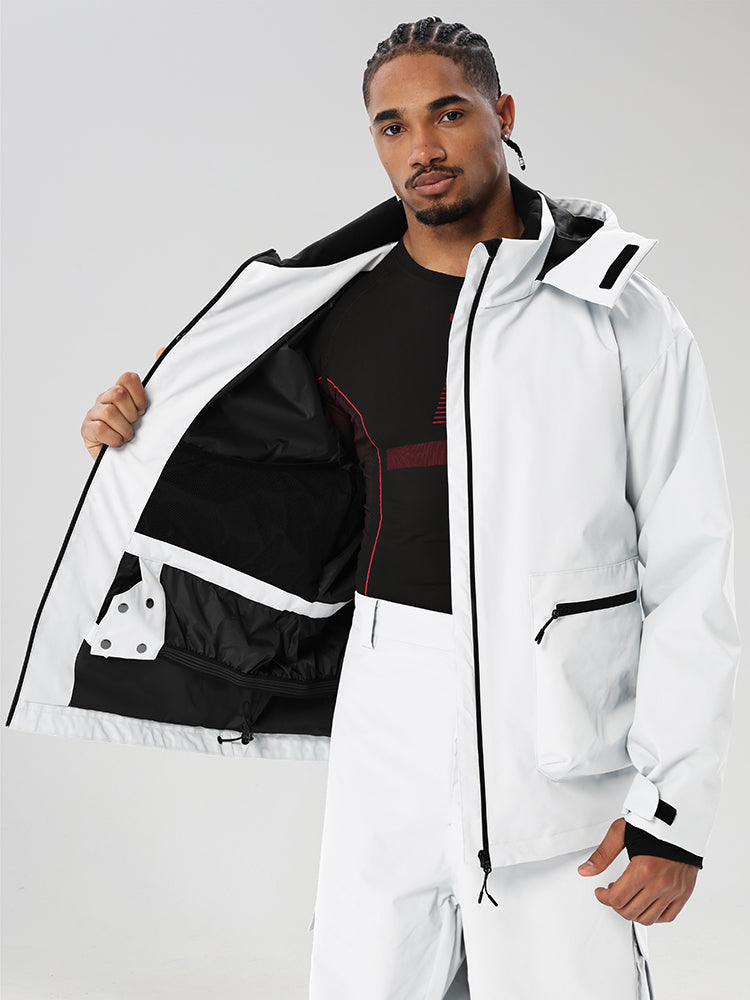 White men's relaxed fit full-zip ski jacket - open jacket showing snap snow skirt