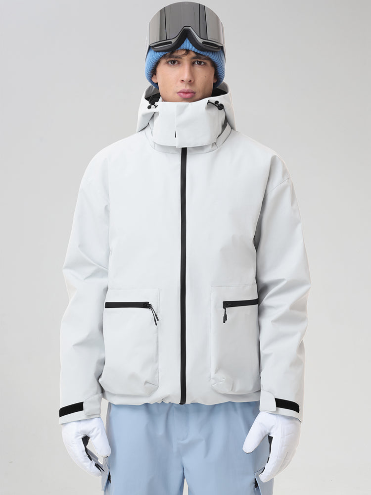 Men's White Hooded Cargo Pocket Snowboard Jacket - Straight Front View