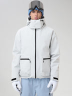Men's White Hooded Cargo Pocket Snowboard Jacket - Straight Front View