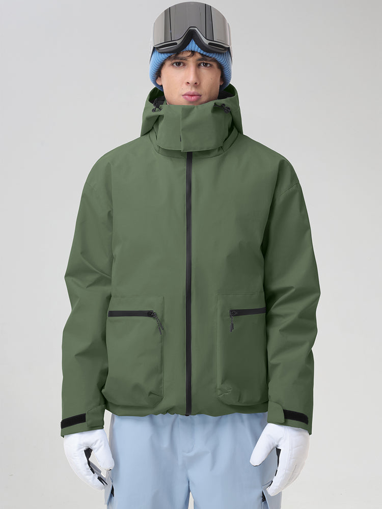 Men's Army Green Hooded Cargo Pocket Snowboard Jacket - Straight Front View