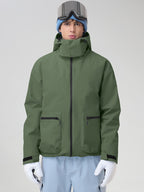 Men's Army Green Hooded Cargo Pocket Snowboard Jacket - Straight Front View