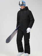 Men's Insulated One-Piece Ski Suit in Black - Three-Quarter View Showing the Chest Pockets