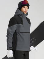 Men's black and khaki color block anorak ski jacket side view