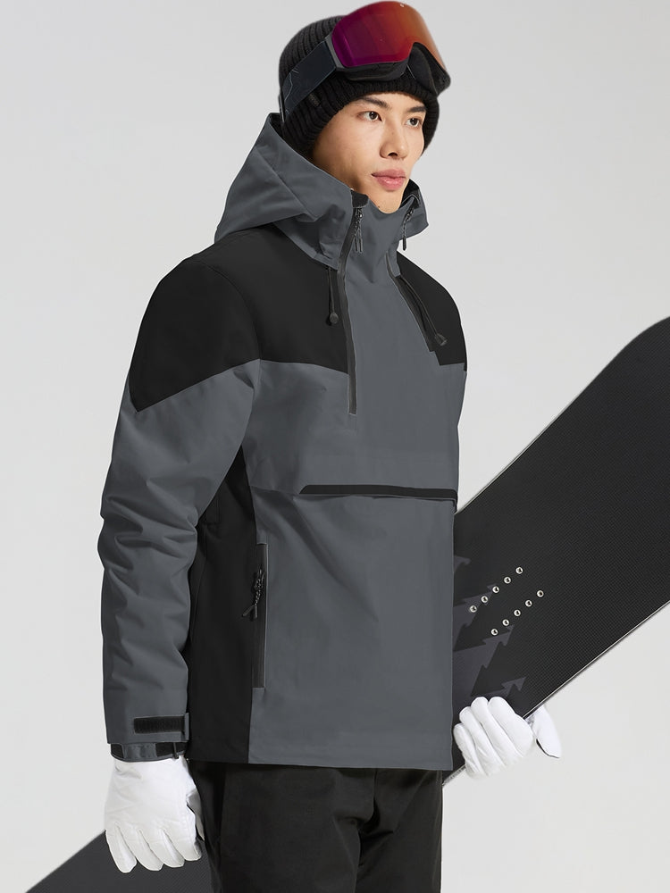 Men's black and khaki color block anorak ski jacket side view