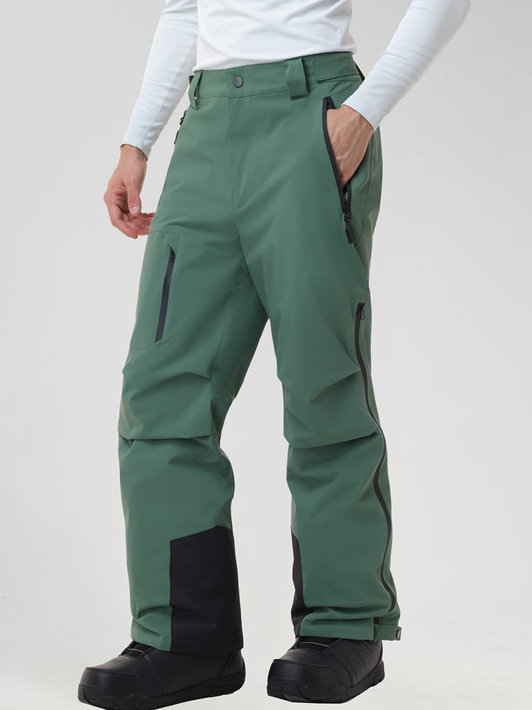 Men's insulated ski pants in Green - front view with a hand in the zip pocket