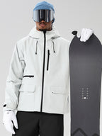 White men's full-zip ski jacket and black pants set - jacket front with snowboard