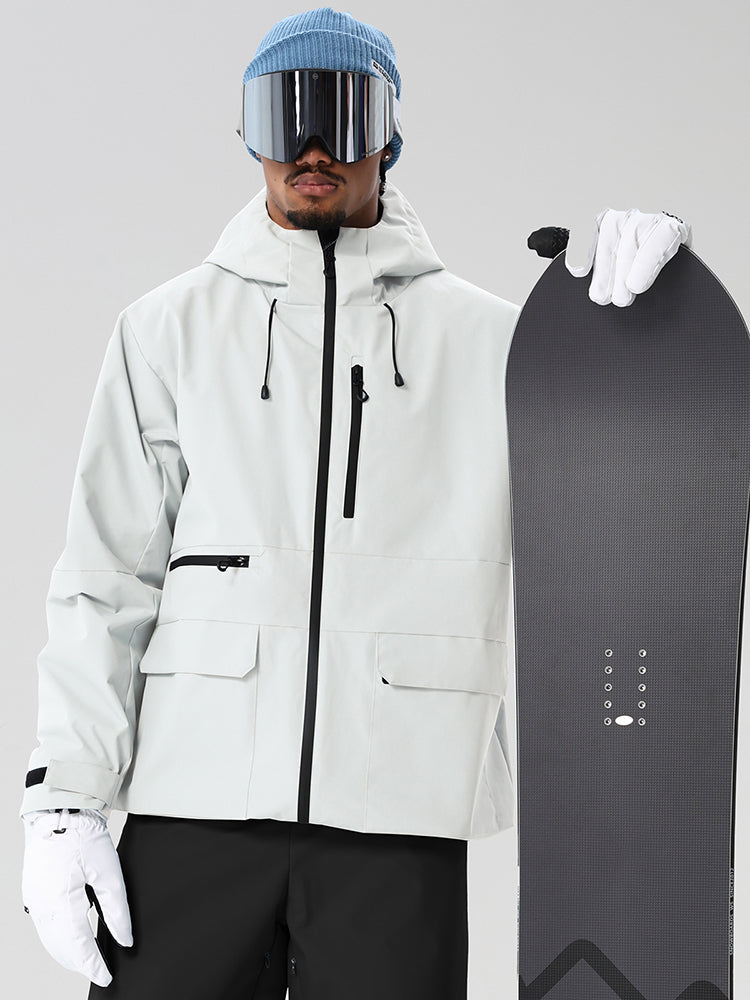 White men's full-zip ski jacket and black pants set - jacket front with snowboard
