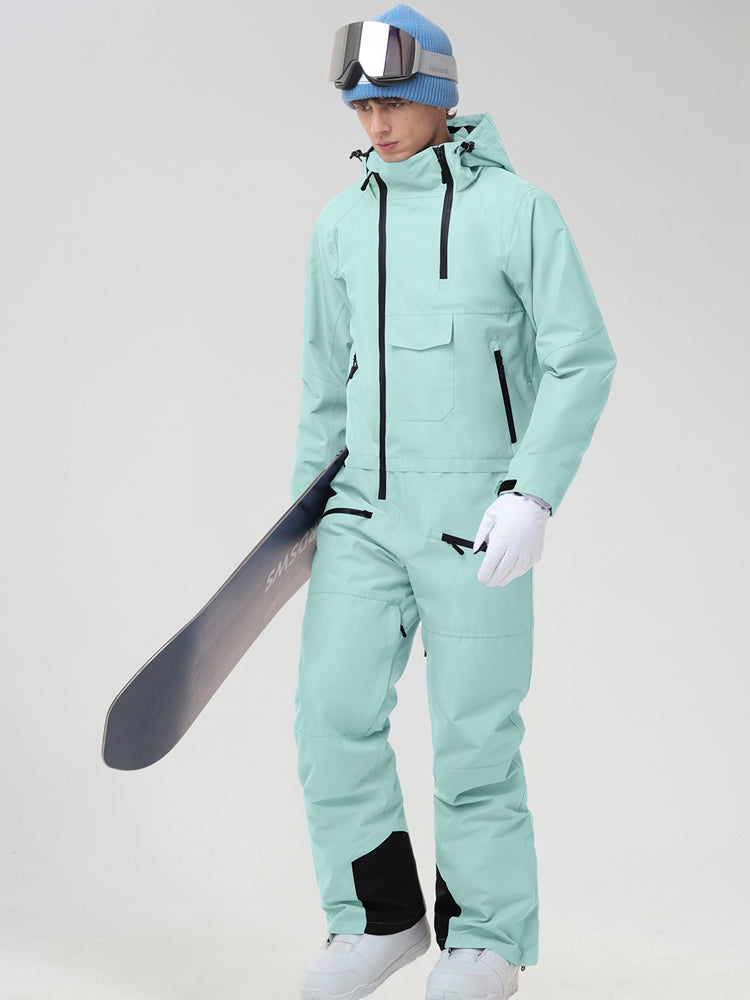 Men's Insulated One-Piece Ski Suit in Mint Green - Three-Quarter View Showing the Zip Chest Pocket