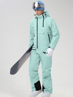 Men's Insulated One-Piece Ski Suit in Mint Green - Three-Quarter View Showing the Zip Chest Pocket