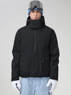 Men's Black Hooded Cargo Pocket Snowboard Jacket - Straight Front View