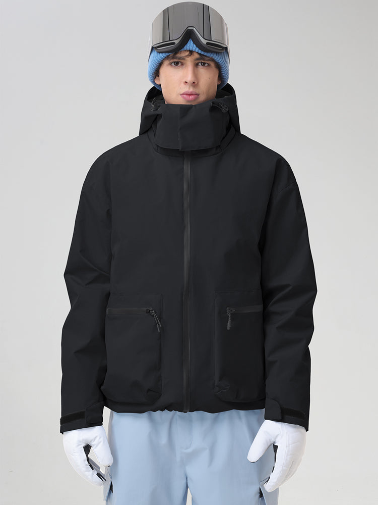 Men's Black Hooded Cargo Pocket Snowboard Jacket - Straight Front View