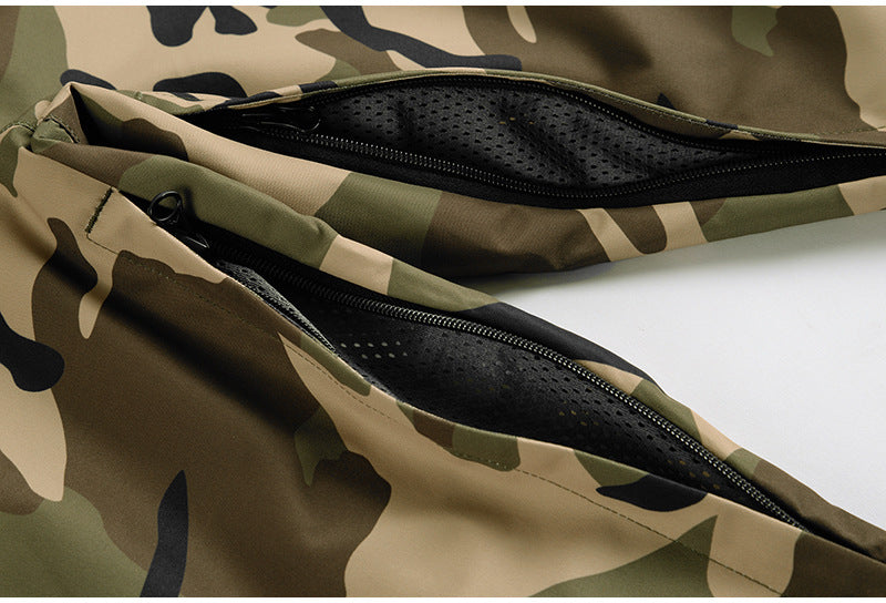 Mesh-lined zip vents on camo snowboard pants