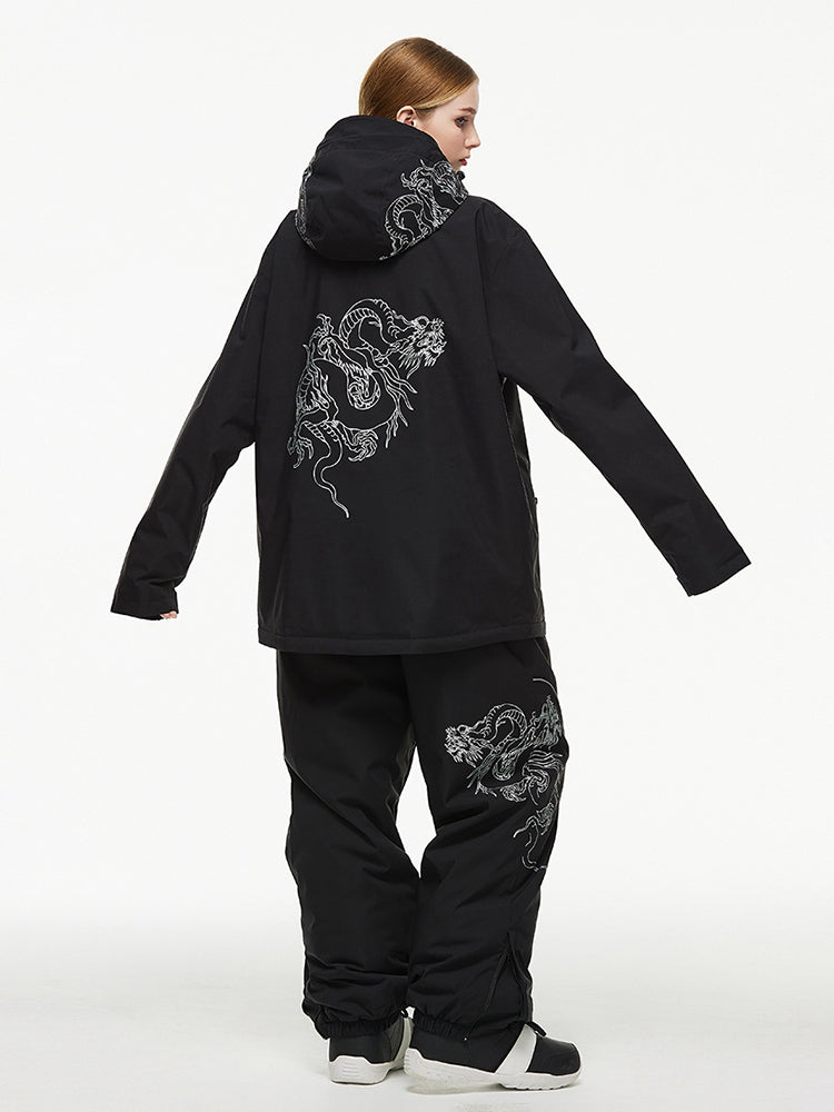 Dragon graphic on the back of the black ski jacket