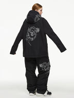 Dragon graphic on the back of the black ski jacket