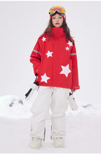 Red kids snowboard jacket with white star print in the snow