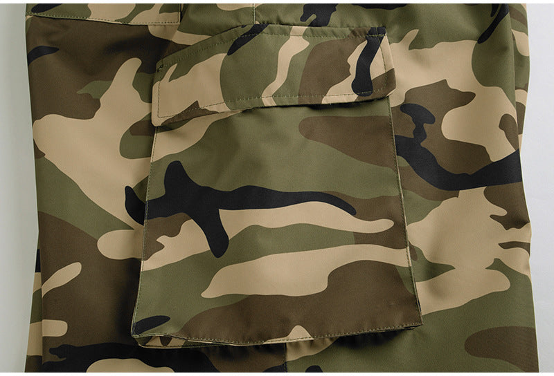 Large cargo flap pocket on army green camo snow pants