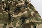Cargo pockets and elastic waist on army green camo snow pants