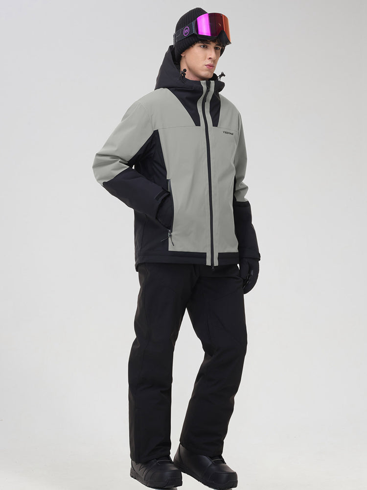 Men's grey ski jacket with black contrast panels, side view