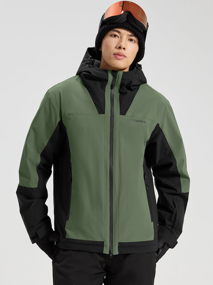 Men's army green ski jacket with YEEFINE chest logo, half-body front view