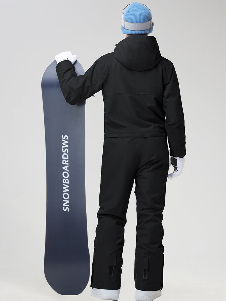 Men's Insulated One-Piece Ski Suit in Black - Back View Showing the Boot Gaiter Straps