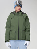 Men's Army Green Hooded Cargo Pocket Snowboard Jacket - Angled Front View