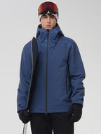 YEEFINE men's Navy hooded graphic ski jacket, close front view with ski pole