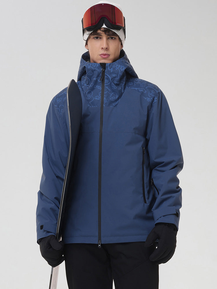 YEEFINE men's Navy hooded graphic ski jacket, close front view with ski pole