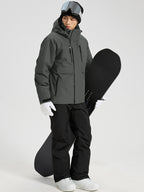 YEEFINE men's Dark Grey ski jacket and black ski pants with suspenders, angled view
