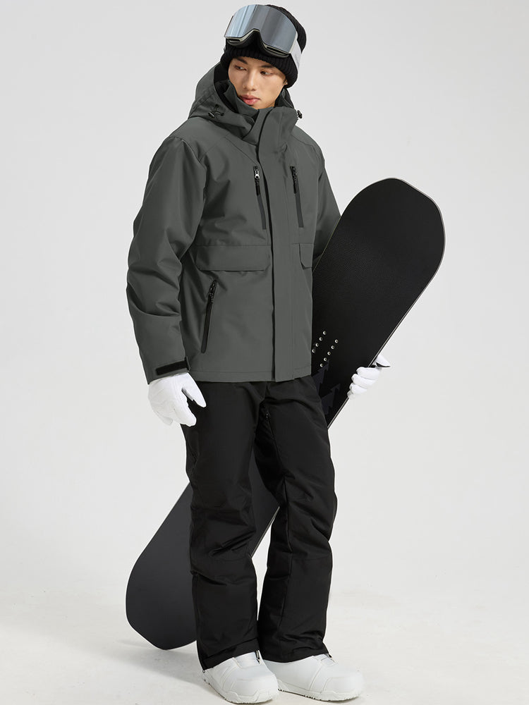 YEEFINE men's Dark Grey ski jacket and black ski pants with suspenders, angled view
