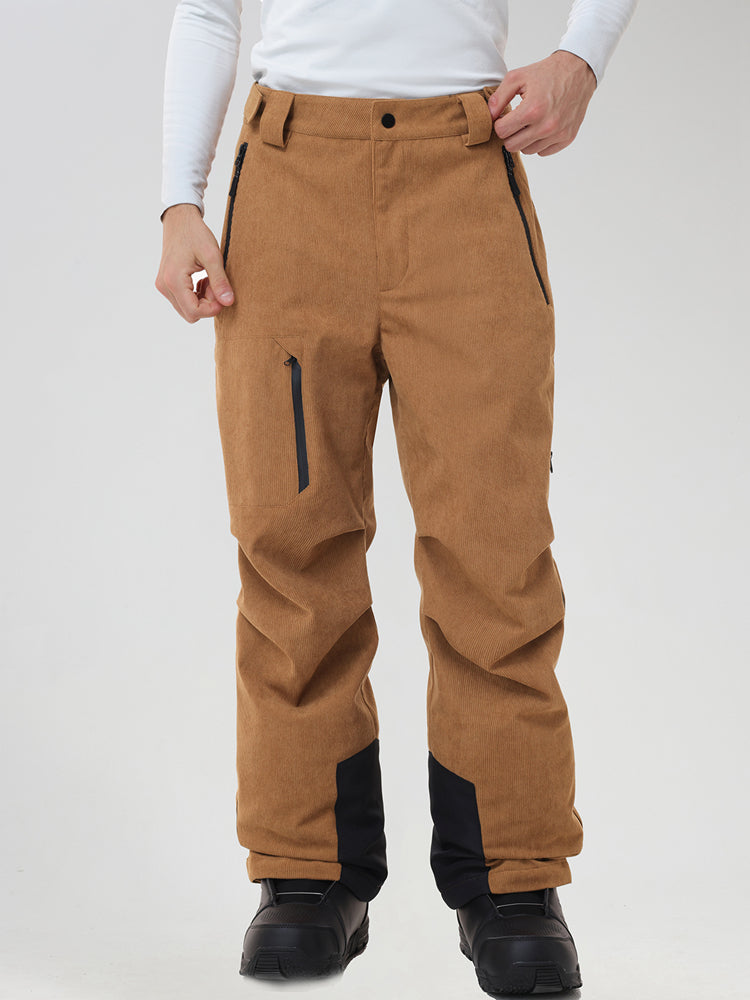 Men's insulated ski pants in Khaki - front view with a hand in the zip pocket