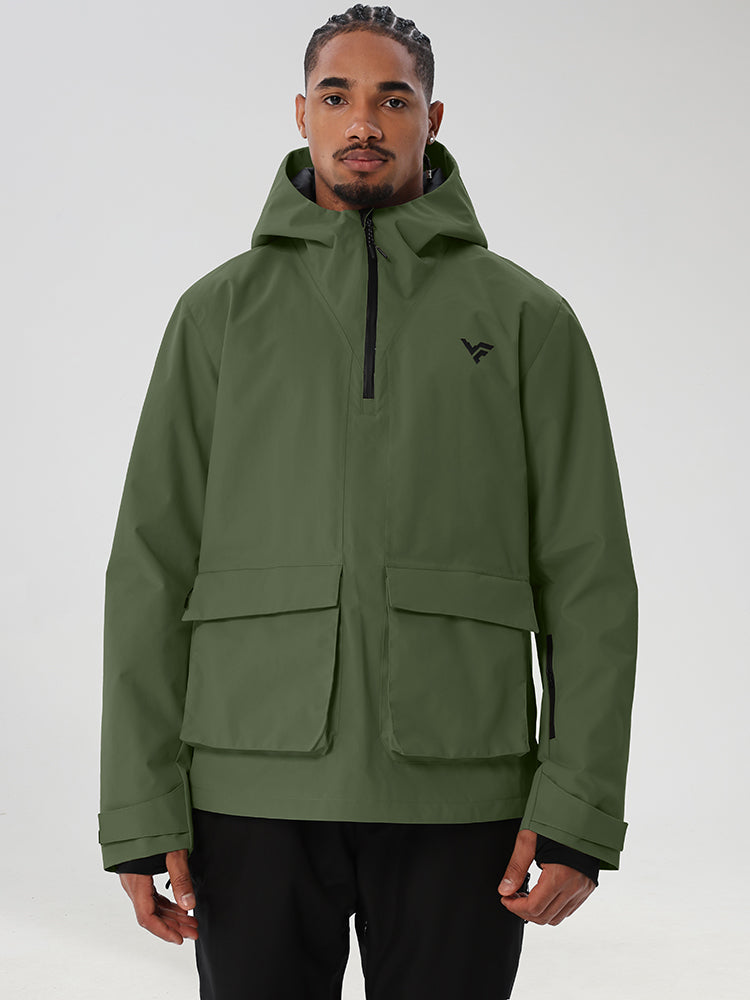 Army Green men's half-zip ski anorak with cargo pockets - front view