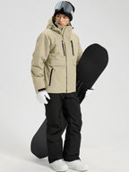 YEEFINE men's Khaki ski jacket and black ski pants with suspenders, angled view