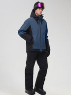 Men's steel blue color-block ski jacket with black contrast panels, side view