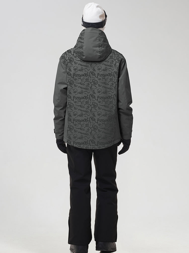 YEEFINE men's Dark Grey graphic ski jacket and black pants, rear view