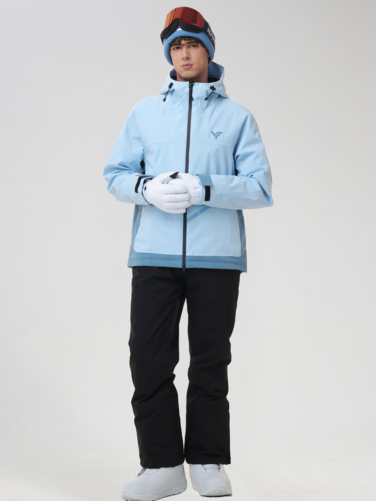 Men's sky blue ski jacket and snow pants set, hands clasped