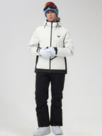 Men's beige ski jacket and snow pants set, hands clasped
