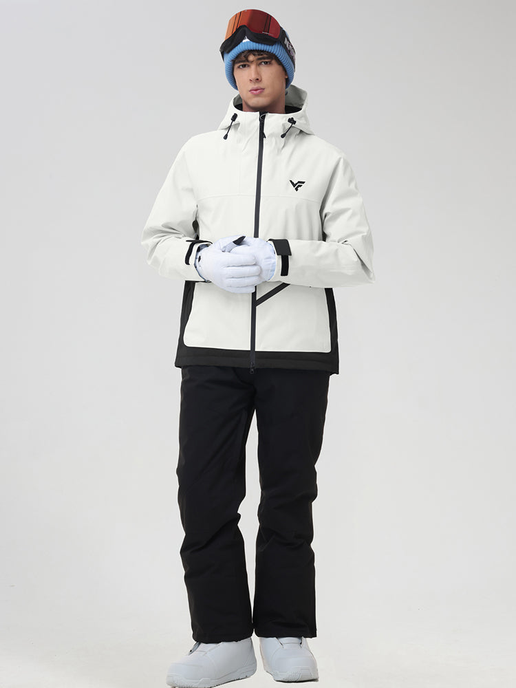 Men's beige ski jacket and snow pants set, hands clasped
