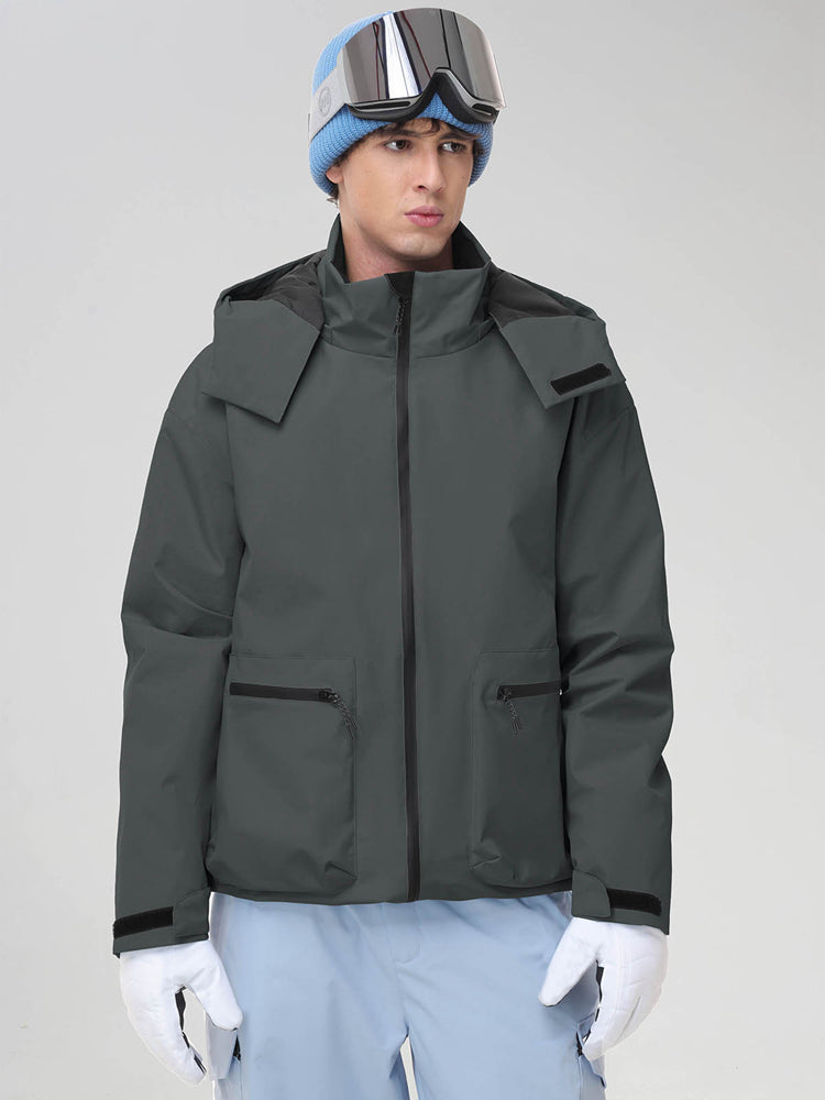 Men's Dark Grey Hooded Cargo Pocket Snowboard Jacket - Straight Front View